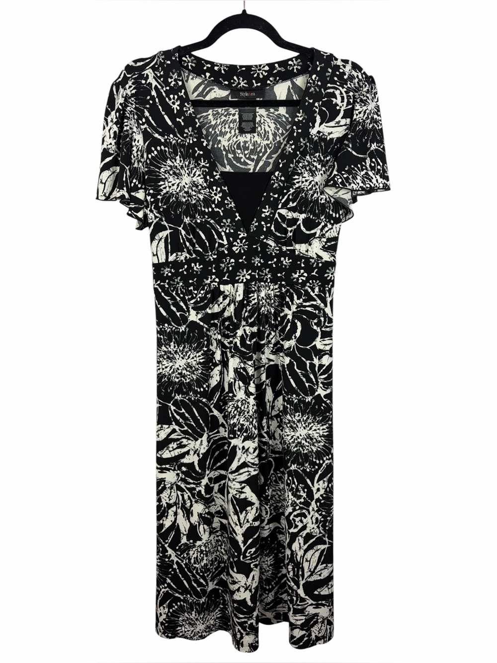 Style & Co Black White Floral Dress Large Flutter Sleeve Empire Waist Tie Back